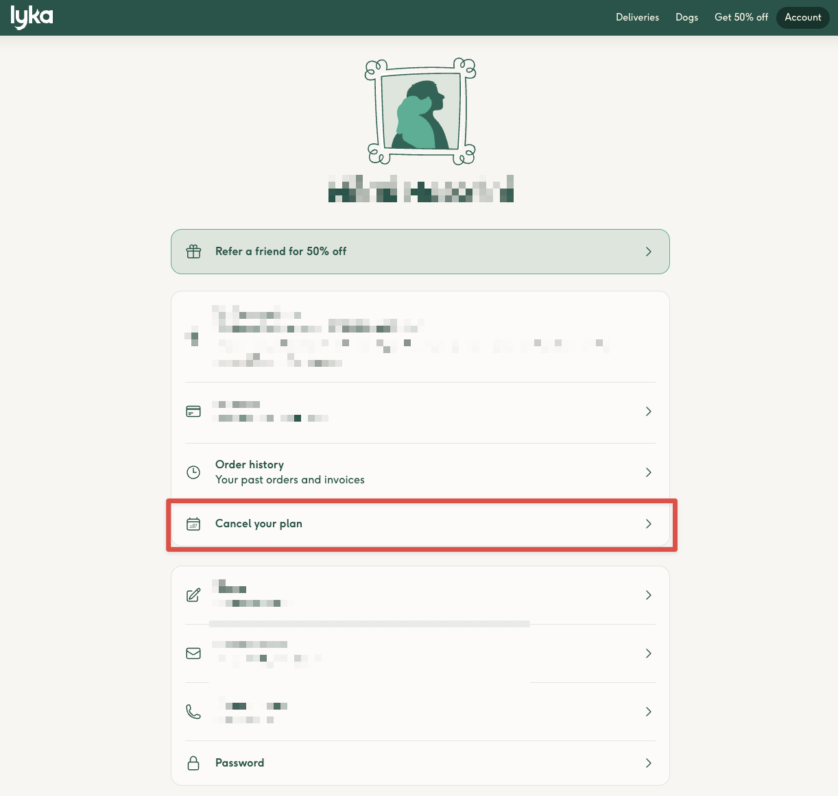 Screenshot showing the Cancel your plan section