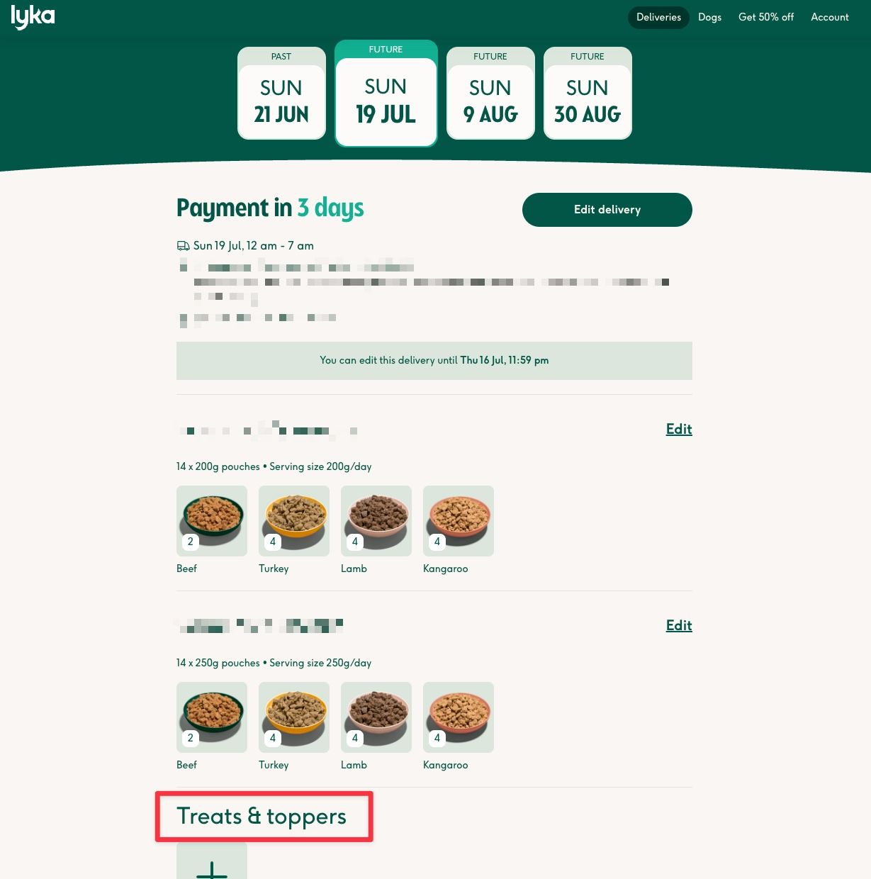 Screenshot showing the Treats and Toppers section