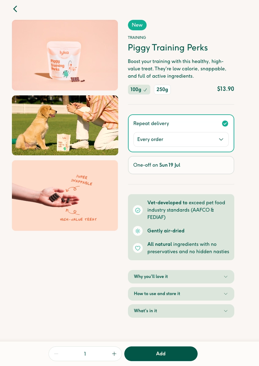 Screenshot showing repeat delivery and one-off options