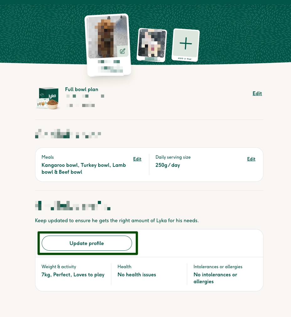 Screenshot showing the Update profile button on a dog profile page