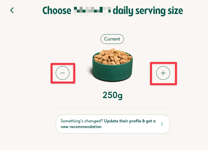Screenshot showing serving size options