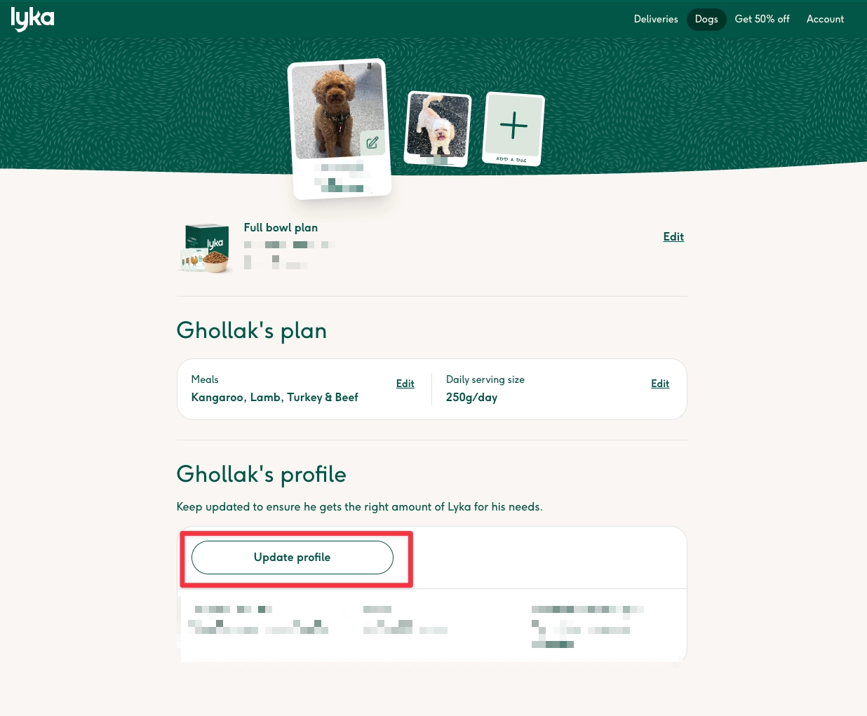 Screenshot showing where to update a dog profile