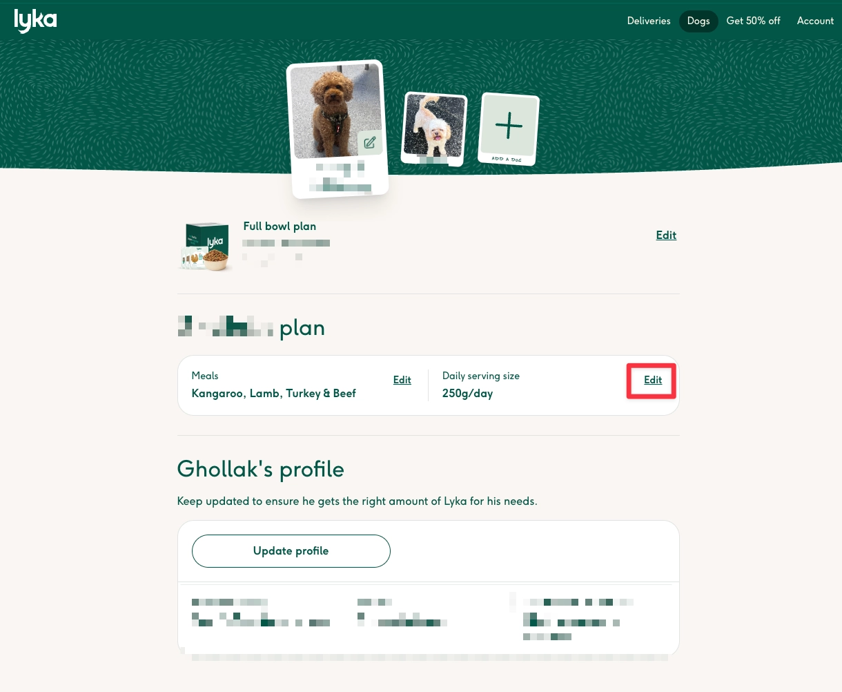 Screenshot showing the Daily serving size edit button
