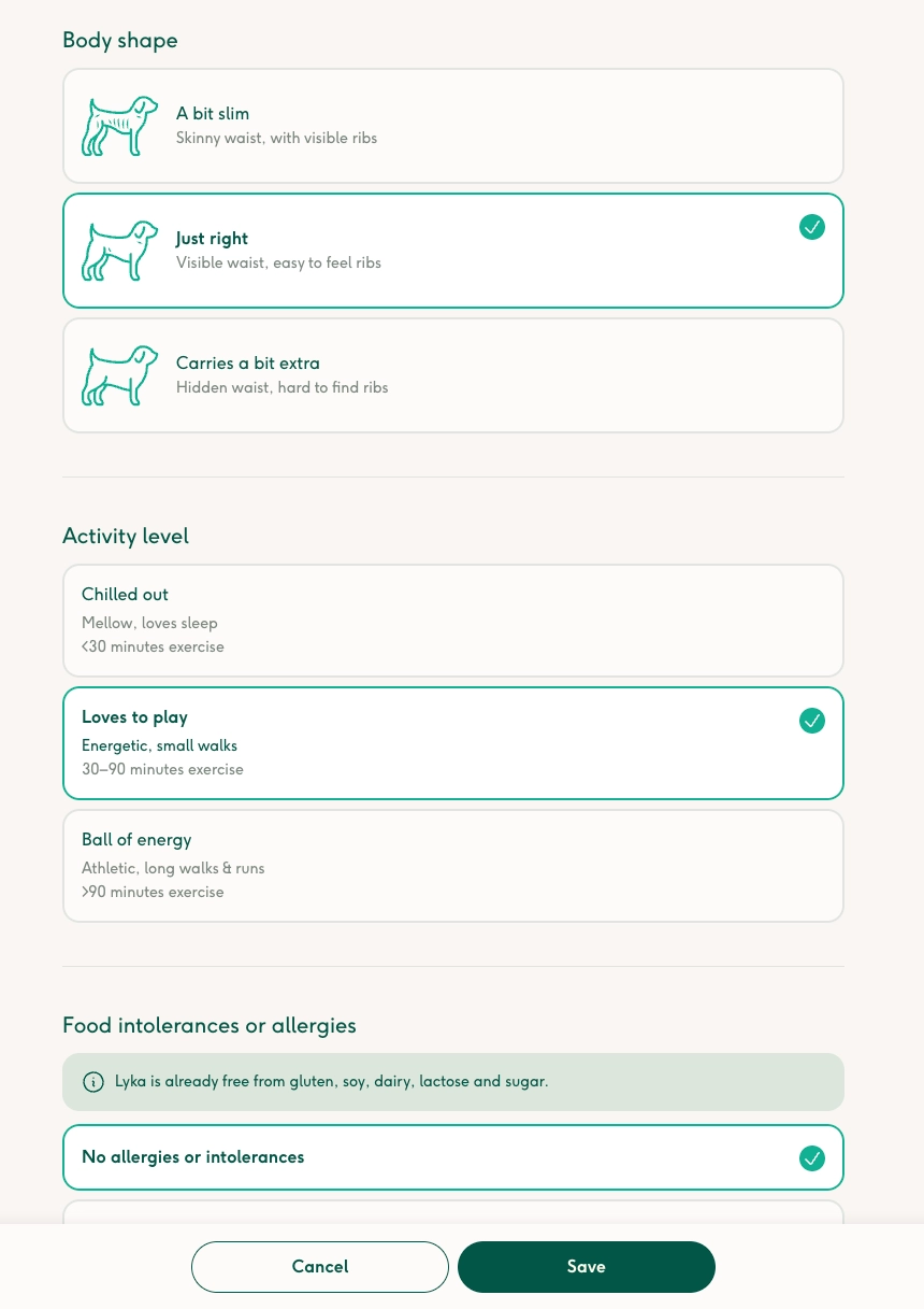 Screenshot showing weight, body shape and activity level fields