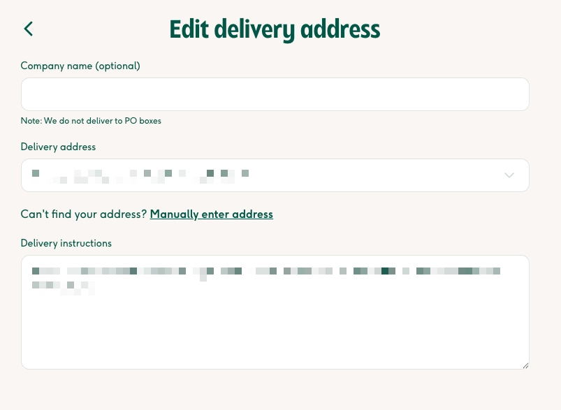 Screenshot showing the delivery instructions field