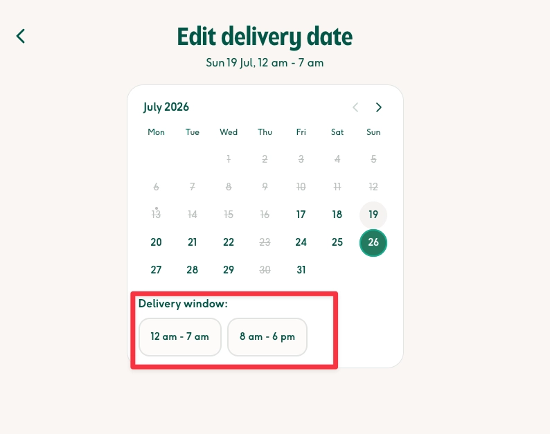 Screenshot showing delivery date and time window options