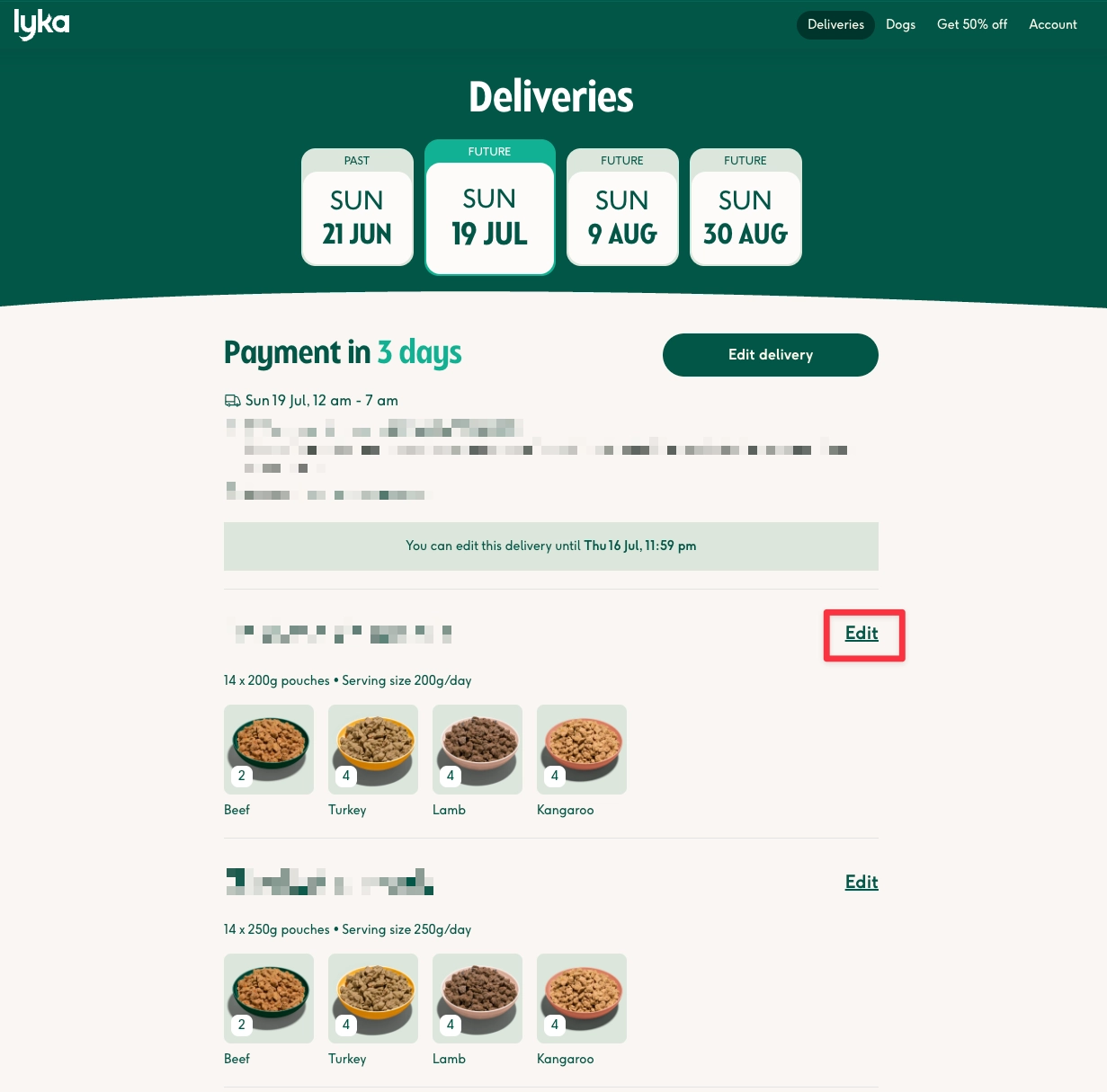 Screenshot showing the Edit meals option